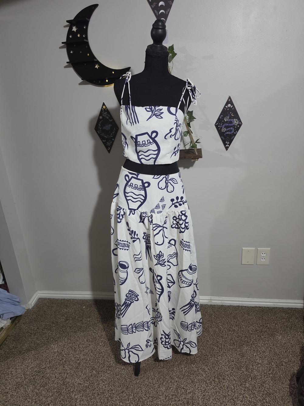 Women's White and Navy Printed Maxi Skirt Top Set